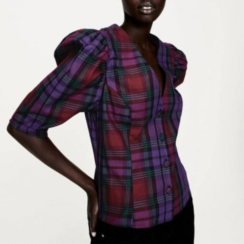 Plaid Zara Button Front Short Sleeve Puff Shoulder Blouse Top (NWT)